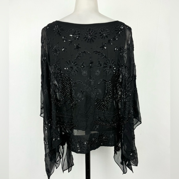 Pure silk sequined and beaded blouse Tie-side Embellished Sheer Black Blouse S - Picture 3 of 13